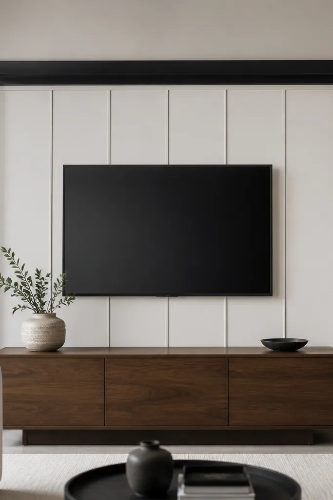 A matte black rectangular frame around the TV. Inside the frame is a wall section with white panels that have micro-bevel edges, creating subtle shadow lines. The wall outside the frame is light warm gray. A simple walnut console sits under the TV.