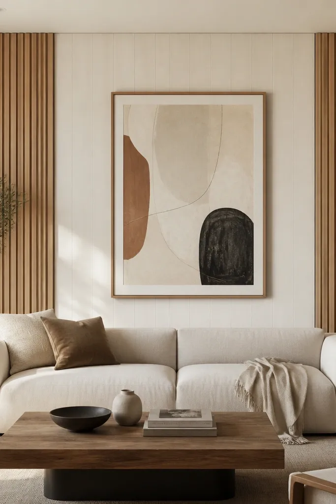 A living room wall with vertical wood slats in a light oak tone. The center portion behind the sofa is painted a soft warm white, while the outer slat sections stay natural wood. A large framed abstract print hangs centered on the slat area.