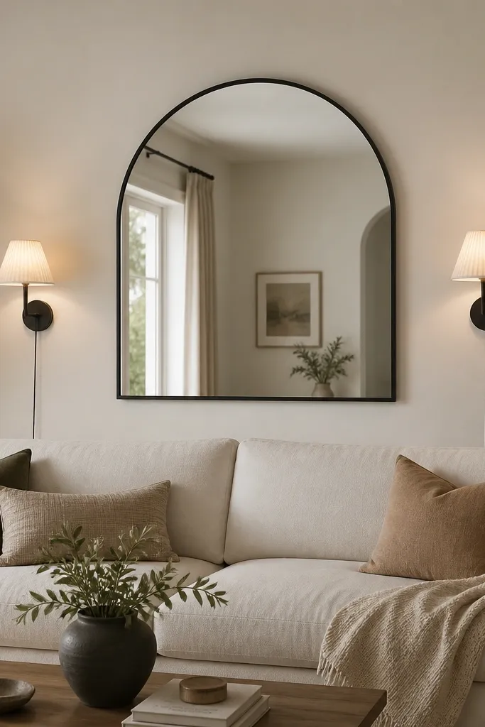 An arched mirror with a thin matte black frame mounted above the sofa. The wall is a warm off-white. The mirror sits centered, with two small plug-in sconces on either side.
