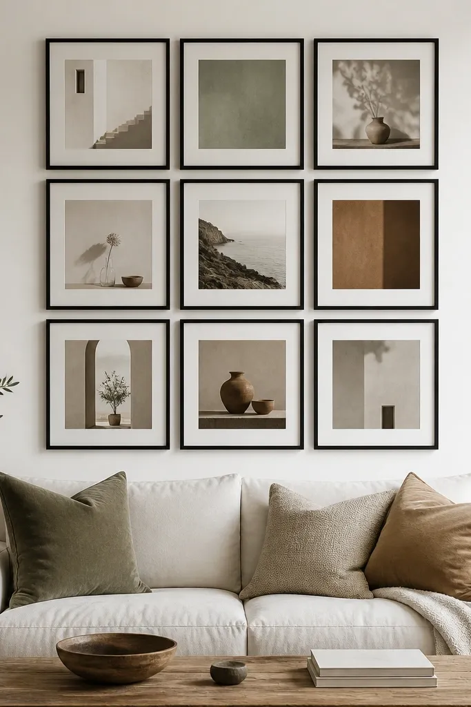 Nine framed prints arranged in a clean 3x3 grid above the sofa. Frames are black and matte, with equal gaps. The prints are mostly off-white with one muted sage and one clay-toned piece.