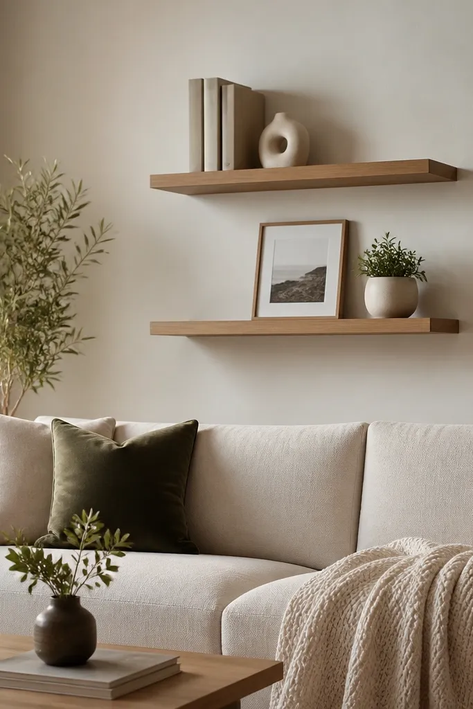 Two floating shelves mounted above the sofa. The top shelf holds three neutral books stacked vertically plus a small white ceramic sculpture. The bottom shelf holds a framed photo and a small plant in a ceramic pot.