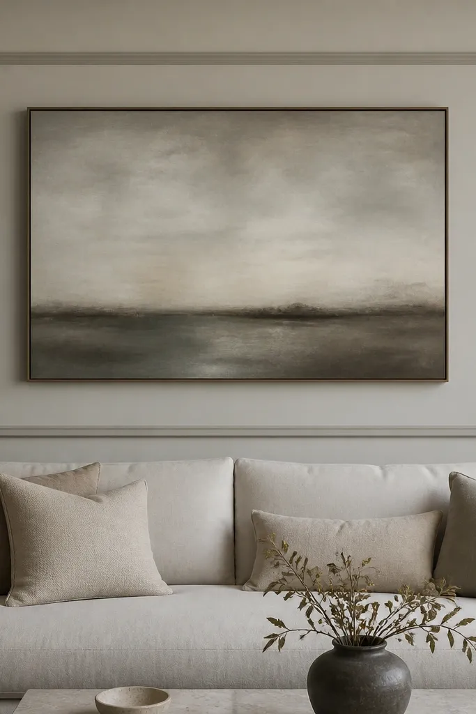 A wall with a built-looking rectangular molding frame painted in a slightly darker warm gray than the wall. The sofa sits below, and a large centered artwork hangs inside the painted frame.