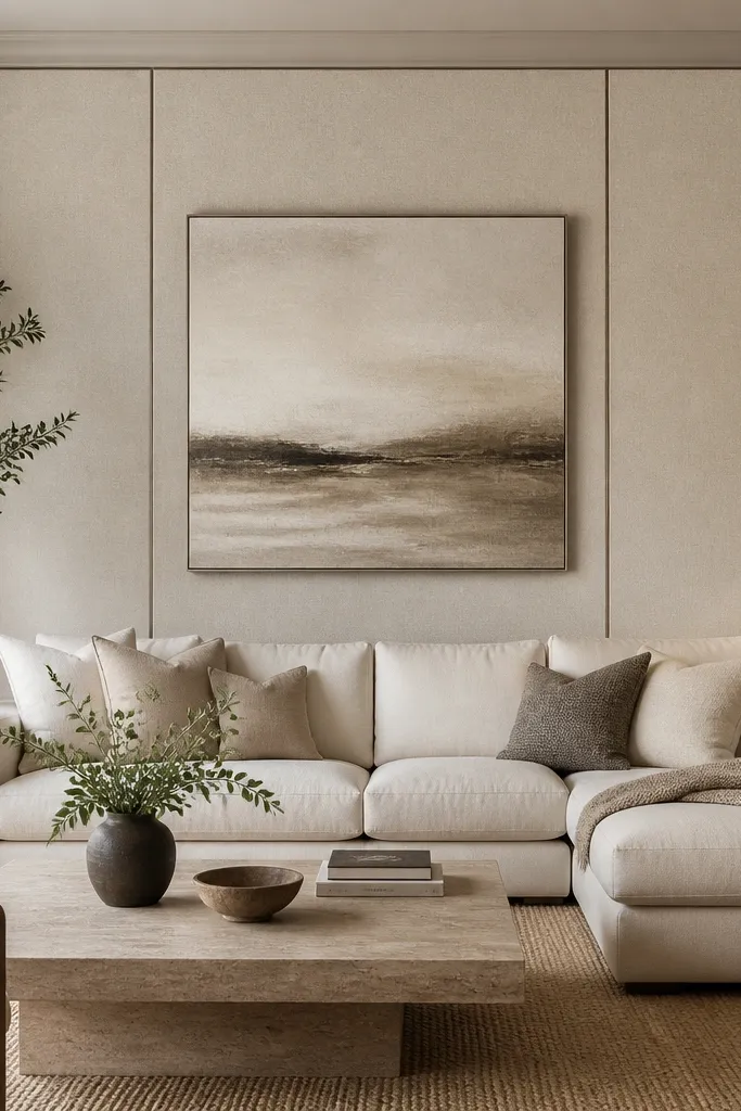 Vertical upholstered panels in a light oatmeal fabric mounted behind the sofa. The panels are arranged in three sections with visible seams. A single large neutral-toned canvas hangs centered.