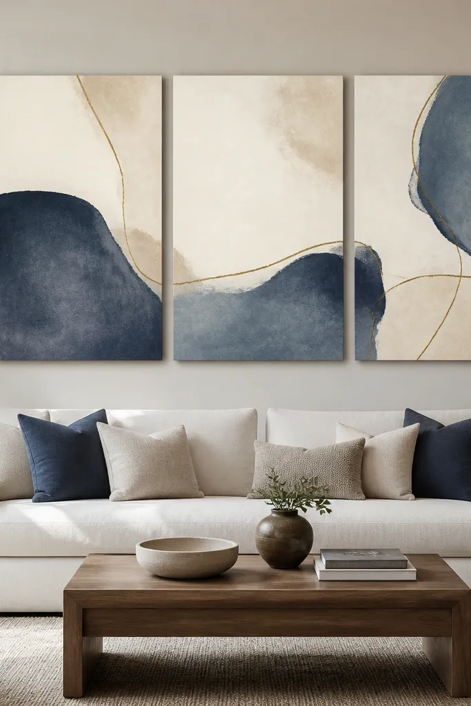 A three-panel canvas triptych mounted above the sofa, with each panel separated by a small equal gap. The artwork has muted blues and warm cream with a modern abstract pattern.