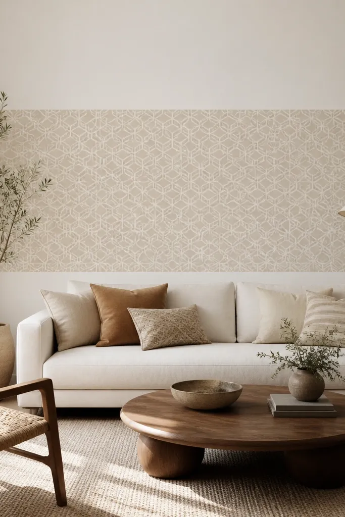 A wallpaper band covering the middle portion of the wall behind the sofa. The band has a subtle geometric pattern in muted taupe and cream. The top and bottom areas are painted solid warm white.