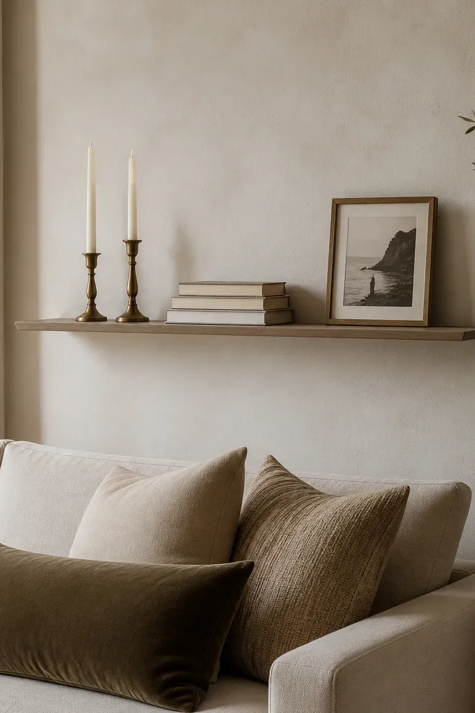A single thin floating ledge shelf mounted above the sofa. On it sit two candle holders, a stack of books with neutral covers, and a small framed photo leaning against the wall.