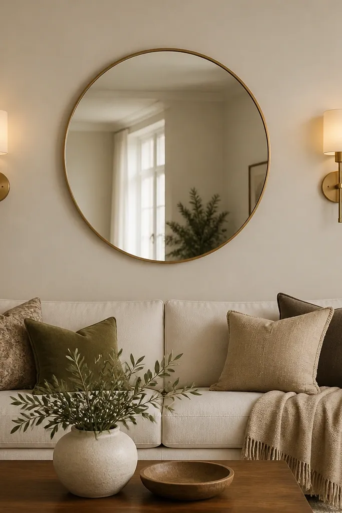 Two matching wall sconces with warm glass shades flank a centered round mirror above the sofa. The wall is painted soft beige, and the sconces are brushed brass.