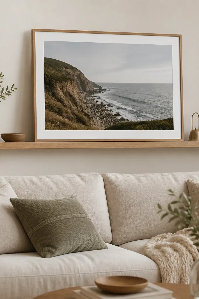 A large framed photo sits on a floating wood picture ledge above the sofa. The ledge is light oak, with a few small decor items spaced around the frame.