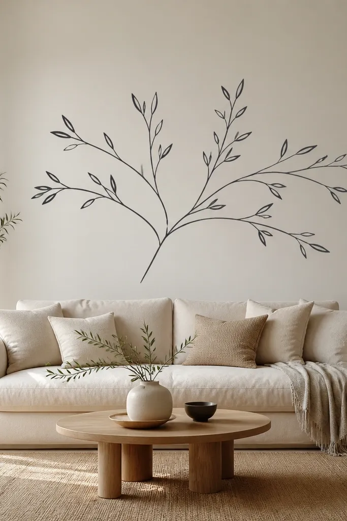 A single-color line art decal forming a modern abstract branch shape behind the sofa. The decal is dark charcoal and sits centered on a light wall.