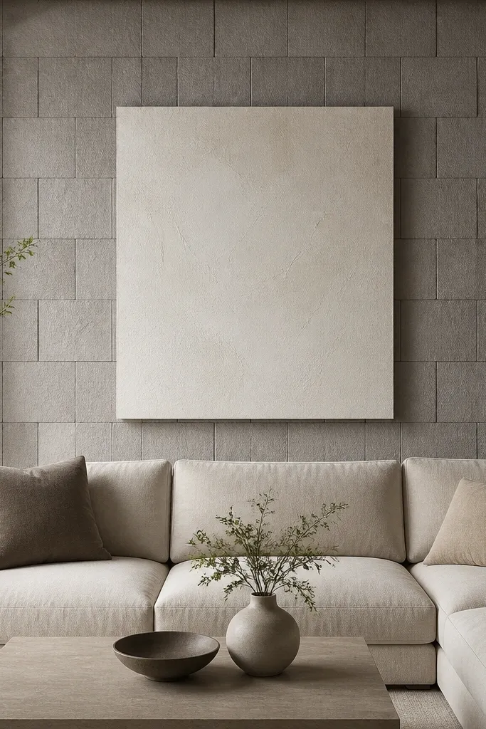 A wall section behind the sofa made of shallow 3D square panels in a stone-gray tone. A single large off-white canvas hangs centered on the textured section.