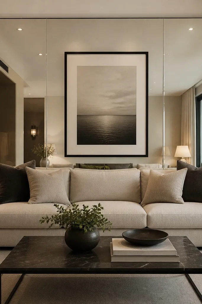 A large mirrored panel mounted behind the sofa, with a single centered black-framed artwork hung on top. The mirror reflects the room lights softly.
