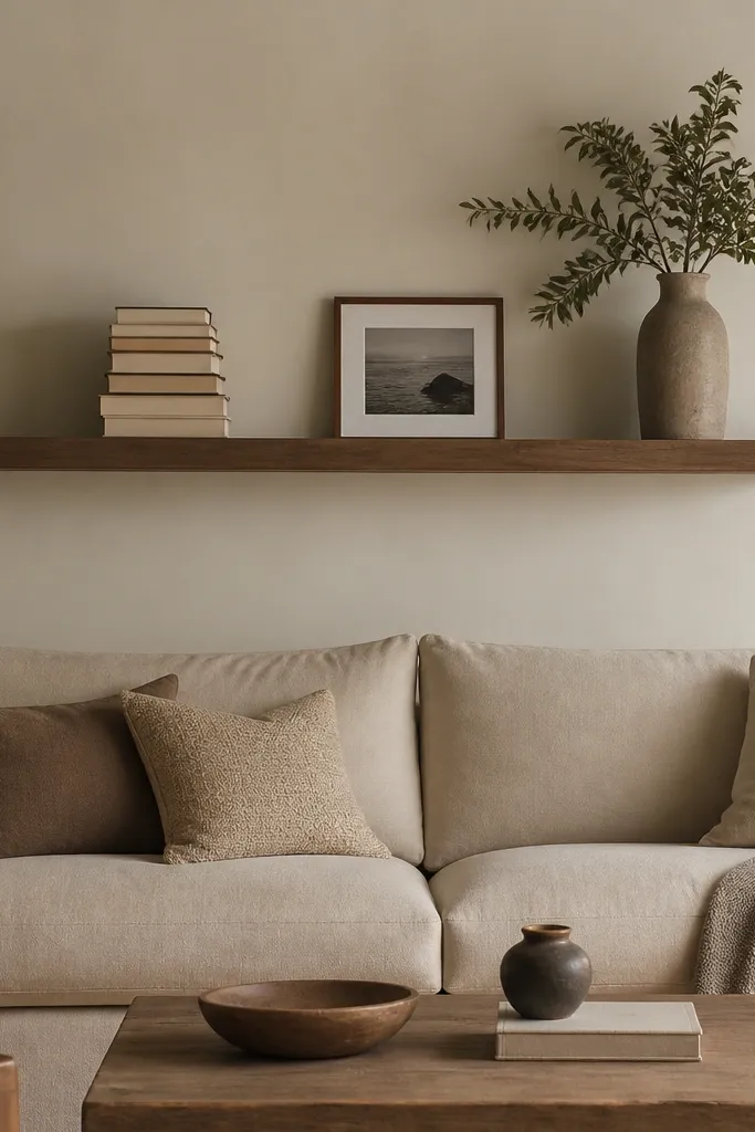 A single wide floating shelf centered above the sofa. There is a tall stack of books on the left, a tall vase on the right, and a small framed photo in the center.
