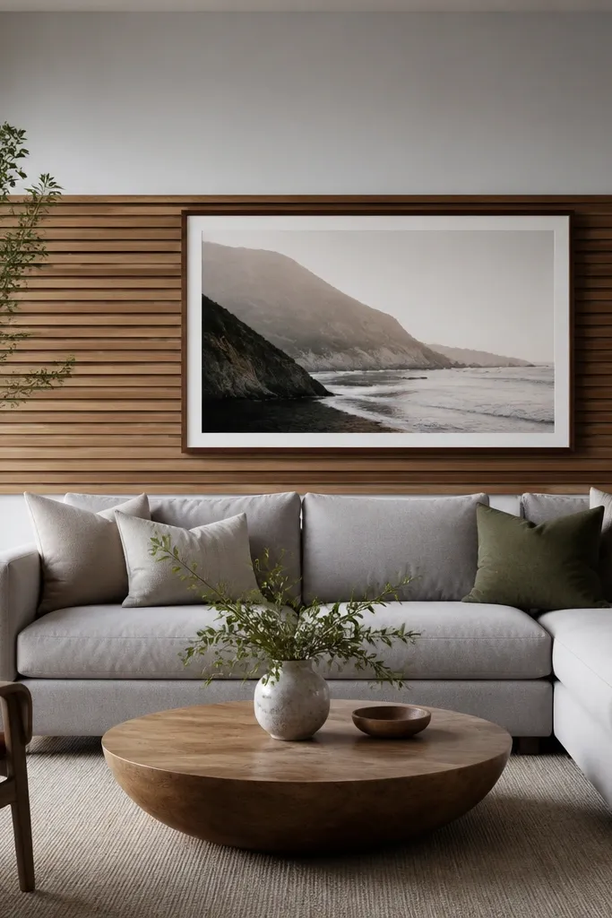 Horizontal wood slats form a band behind the sofa, with the rest of the wall painted light gray. A large rectangular framed print hangs centered on the slat band.
