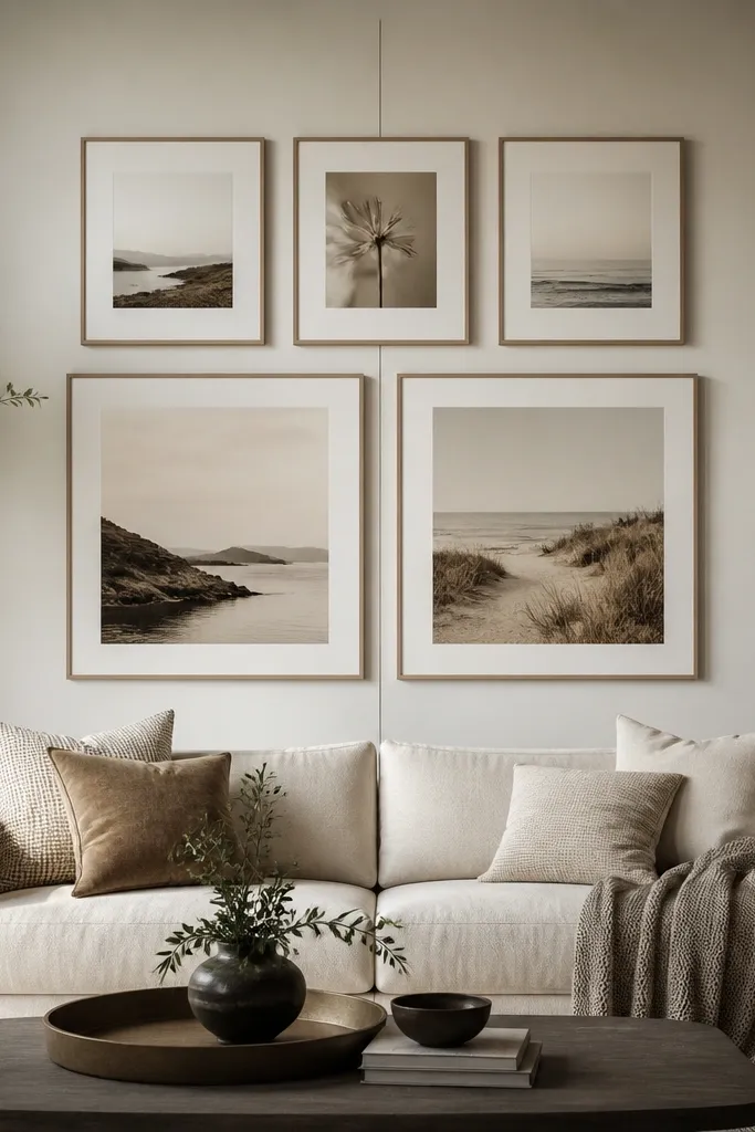Two rows of framed prints above the sofa. The top row has three frames, the bottom row has two larger frames, and a thin vertical line detail sits at the center.