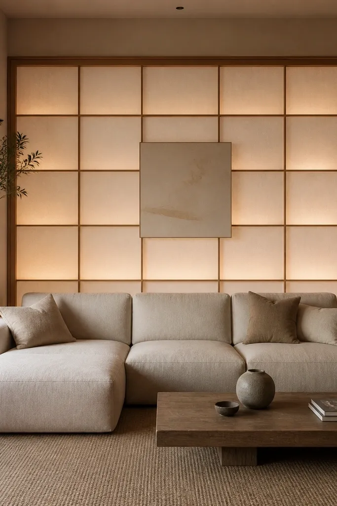 A shoji-style panel grid mounted on the sofa back wall, with soft warm light glowing behind the translucent sections. The sofa is under the panel and a small minimal artwork sits centered.