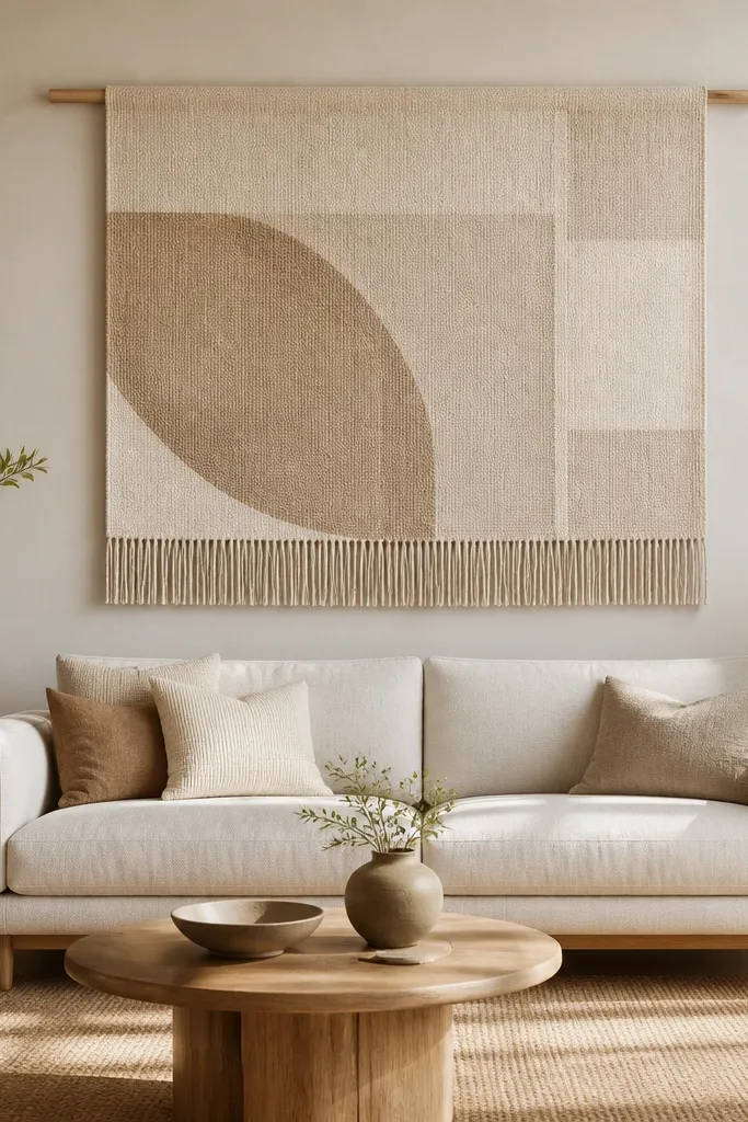 A large woven fabric hanging mounted above the sofa using a light oak dowel. The fabric has a neutral pattern in cream and sand, with fringe on the bottom edge.