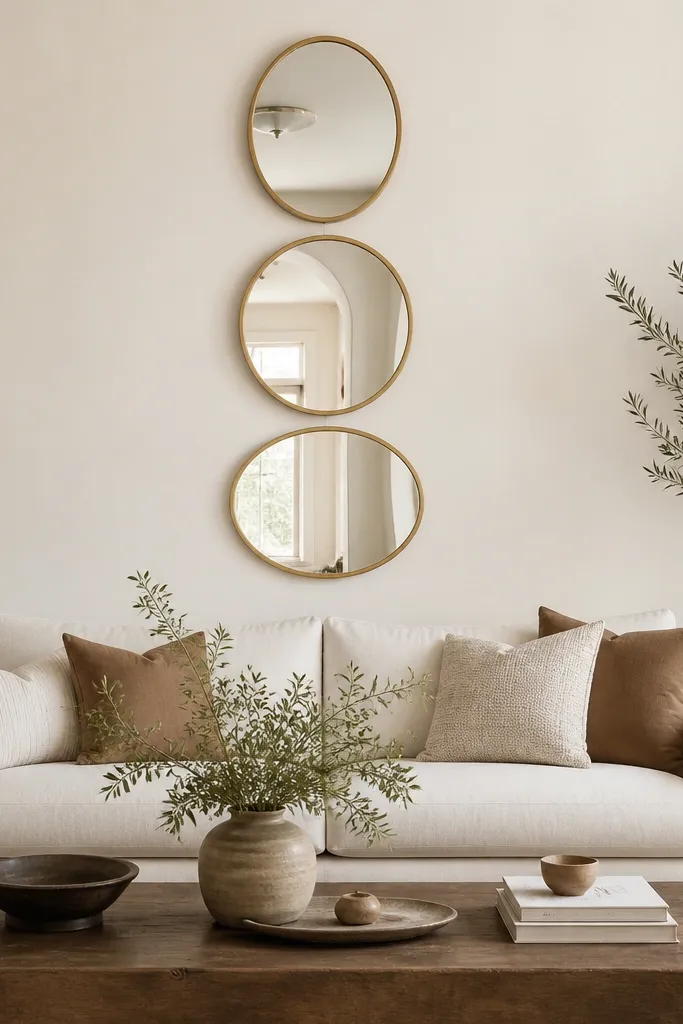 Three oval mirrors stacked vertically above the sofa, each with a different height. Frames are brushed brass and the wall is painted warm white.