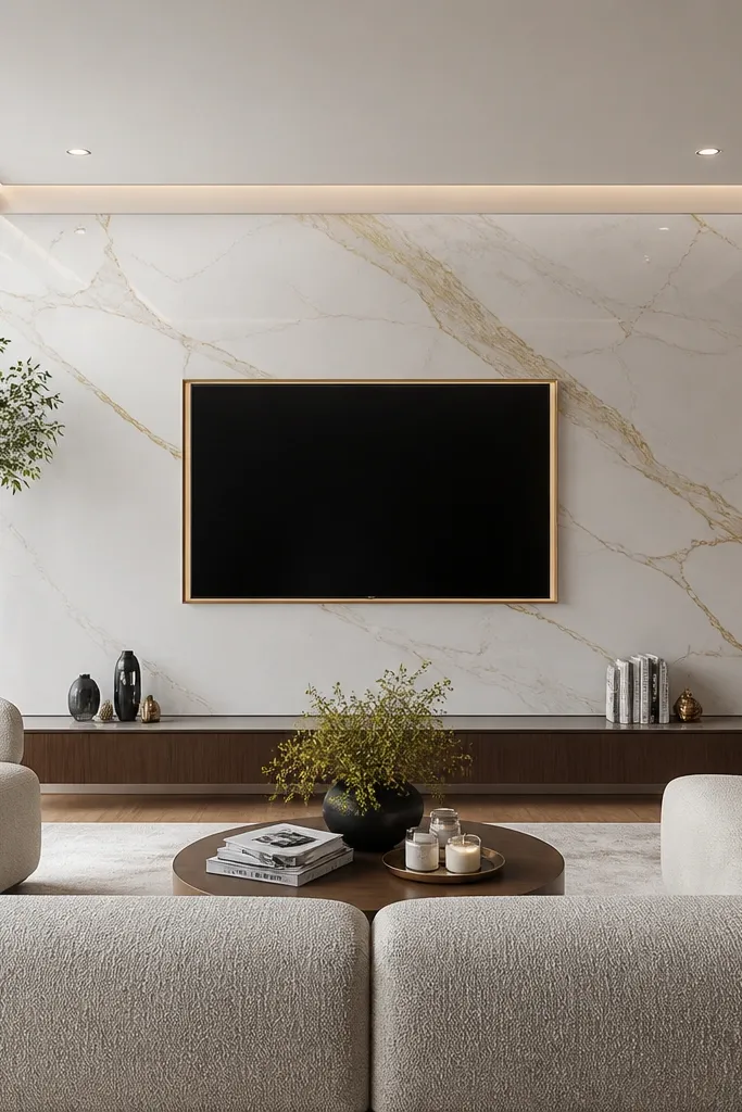 A large white Calacatta-style marble slab behind the TV with gold veining. A thin stone border frames the TV, and a dark shadow gap line runs around the perimeter. Recessed warm LED dots line the top shelf and a slim floating console sits below.