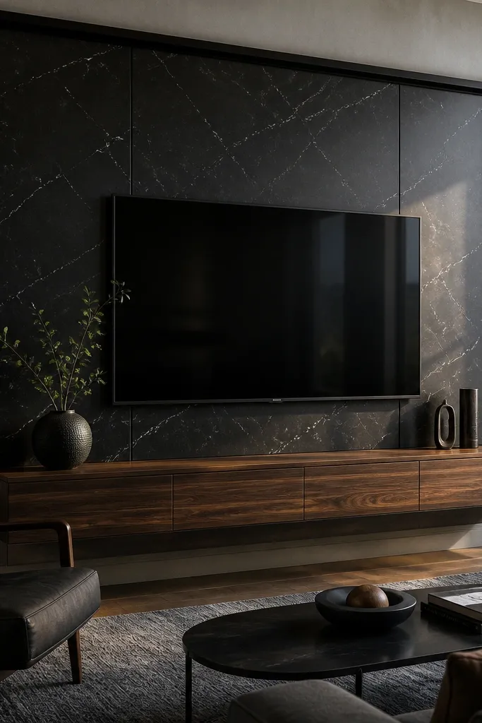 A deep black marble-look wall with subtle gray veining behind the TV. The TV is set in the center with a matte black metal trim around it. A floating walnut media console sits below, and slim vertical LED strips glow softly on both sides.