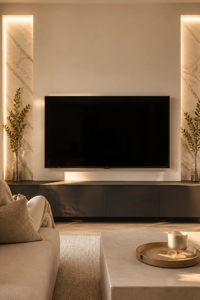 A white marble wall with two sculpted niche columns on either side of the TV. The niches have warm recessed lighting and a slightly darker stone insert. The TV sits centered within a rectangular marble surround, with a light wood console below.