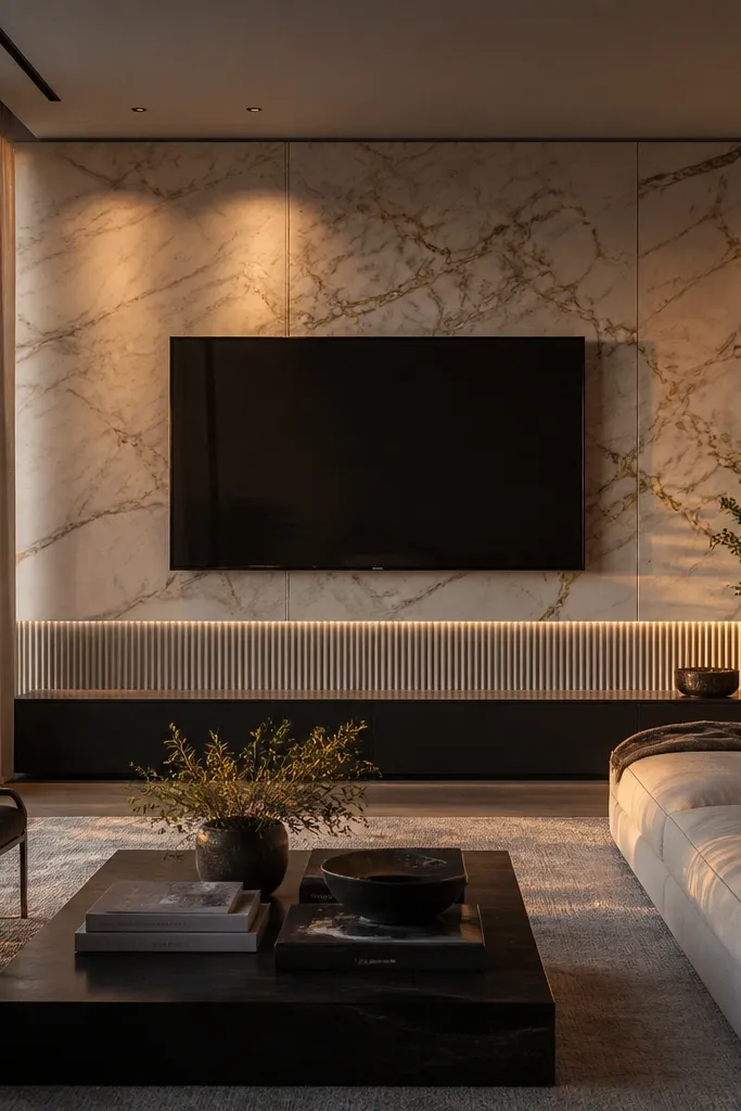 From near the ceiling down to the floor, a continuous marble-look panel covers the wall behind the TV. Below the TV area, there's a horizontal ribbed panel band in warm greige, and the TV sits centered in a subtle recessed stone rectangle.