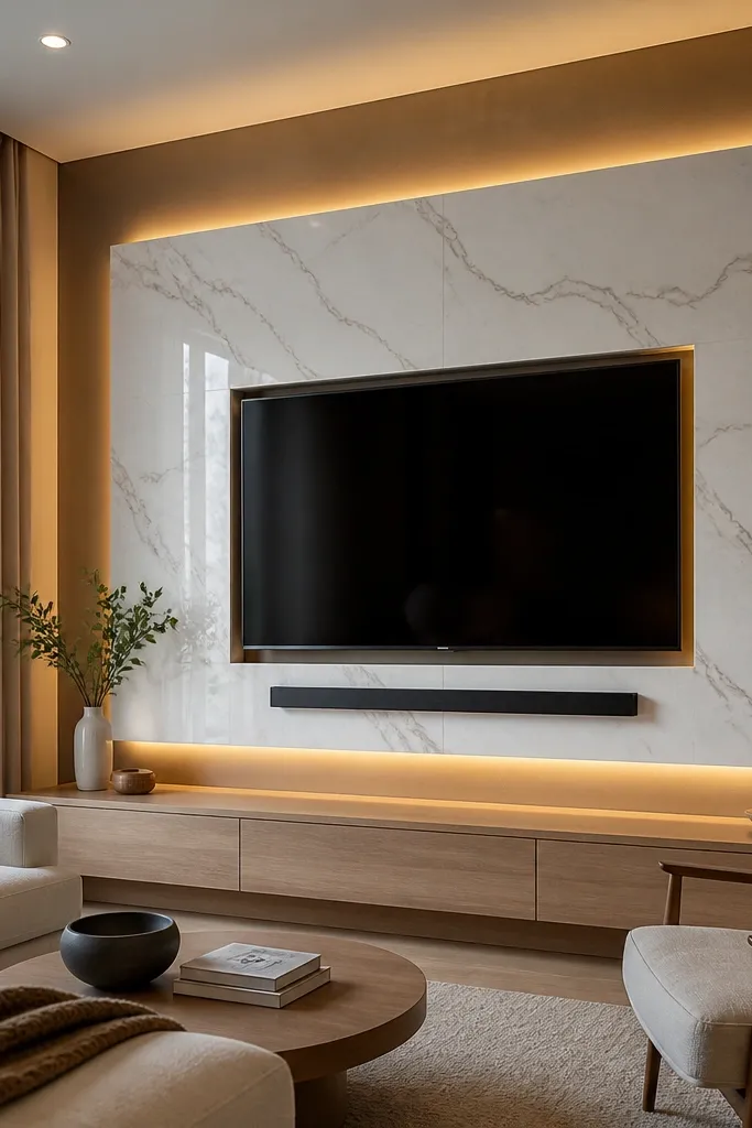 A marble-look slab behind the TV appears to float with a thin gap around it. The TV sits in a recessed opening, and a back-lit LED strip glows around the inner perimeter. A slim shelf floats at the top, with a light gray media cabinet below.