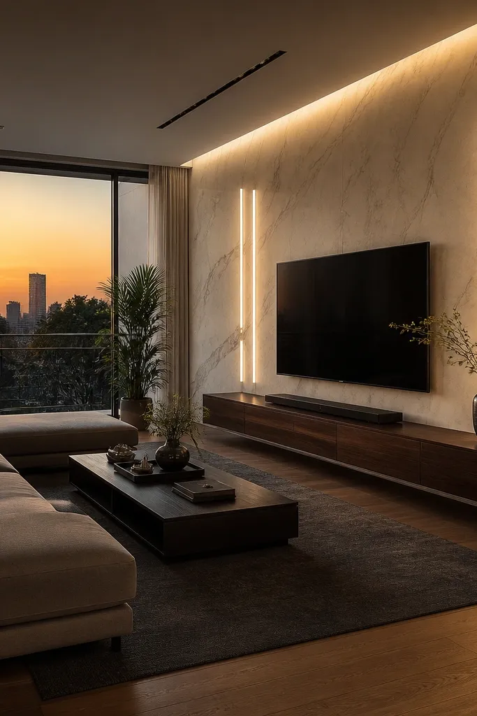 A marble-look accent wall behind the TV with a clean rectangular surround. Two slim vertical light bars sit to the left and right of the TV, glowing warm white. The rest of the wall is plain, and a low white console sits beneath.