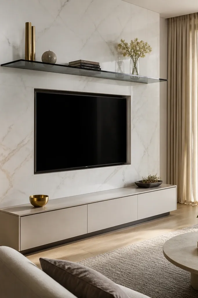 A marble-look wall in white with gray veining. The TV sits in a recessed stone rectangle with a thin border. A smoked glass shelf spans above the TV, and two small black wall sconces sit at the shelf ends.