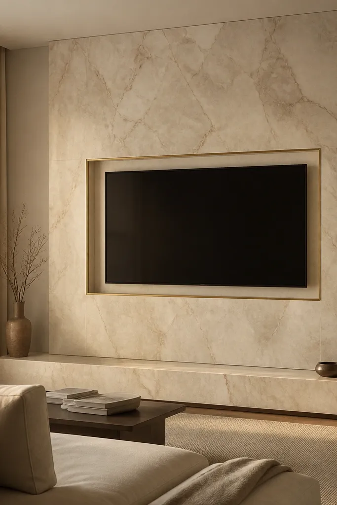 A beige and cream marble-look TV wall with soft taupe veining. The TV opening has a thin inset brass trim line around it. Below, a low stone or wood console sits against the wall, and there's a warm LED strip along the top border.