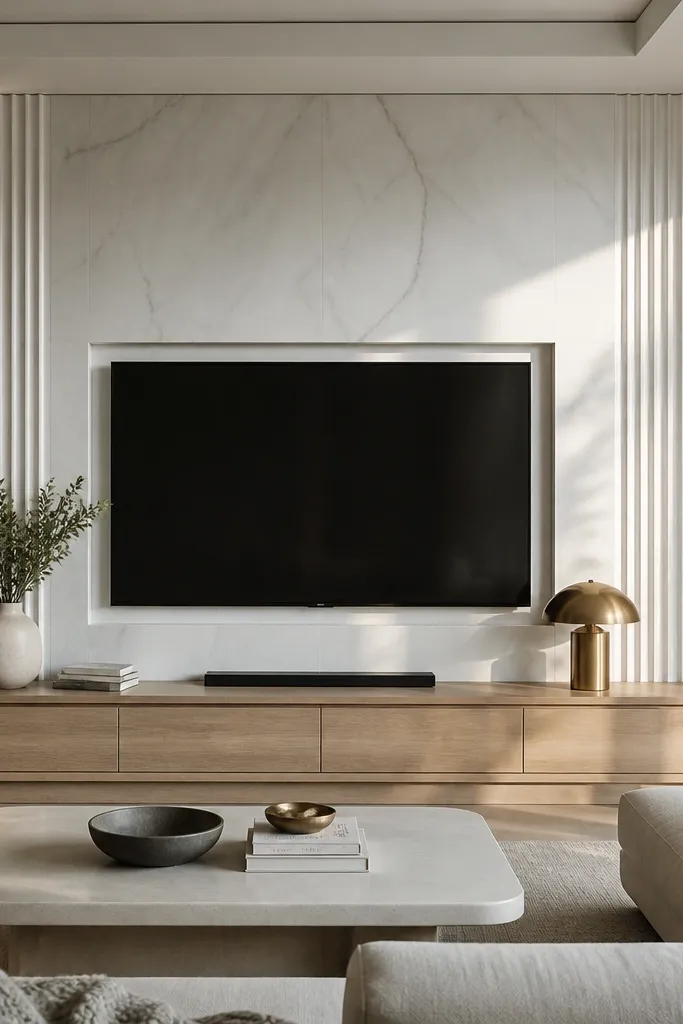 A white marble TV surround centered on a wall. On both sides of the marble area, there are vertical fluted panels in light oak or off-white. Warm LED strip lighting runs along the inner edges, and a light wood media console sits below.