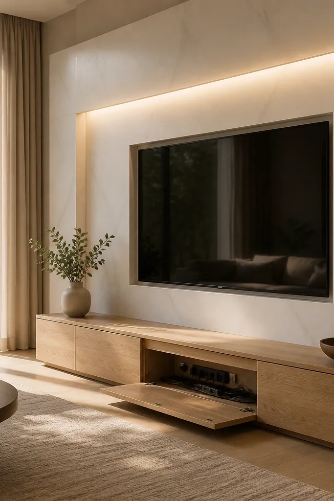 A clean white marble TV wall with a recessed TV area and a simple border. The console below has a front panel with a nearly invisible seam, and a hidden door is implied. Warm LED strip lighting runs along the top of the stone surround.