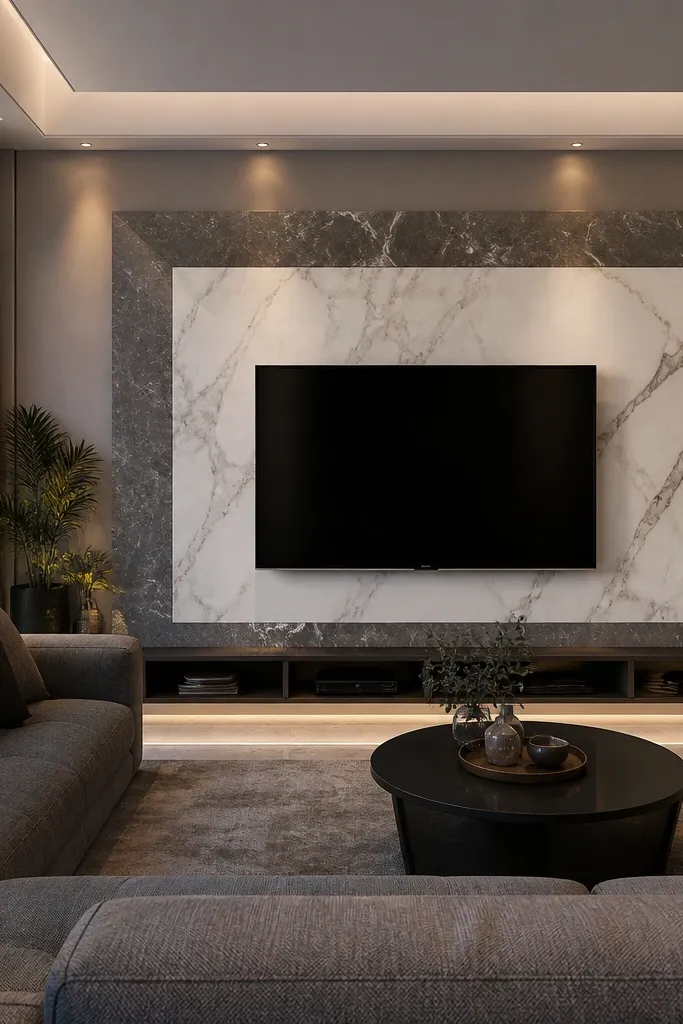 A white marble center panel behind the TV with soft gray veining. Around it is a gray outer marble border that frames the entire TV zone. The border is thicker at the corners, and a recessed niche light glows behind the TV.