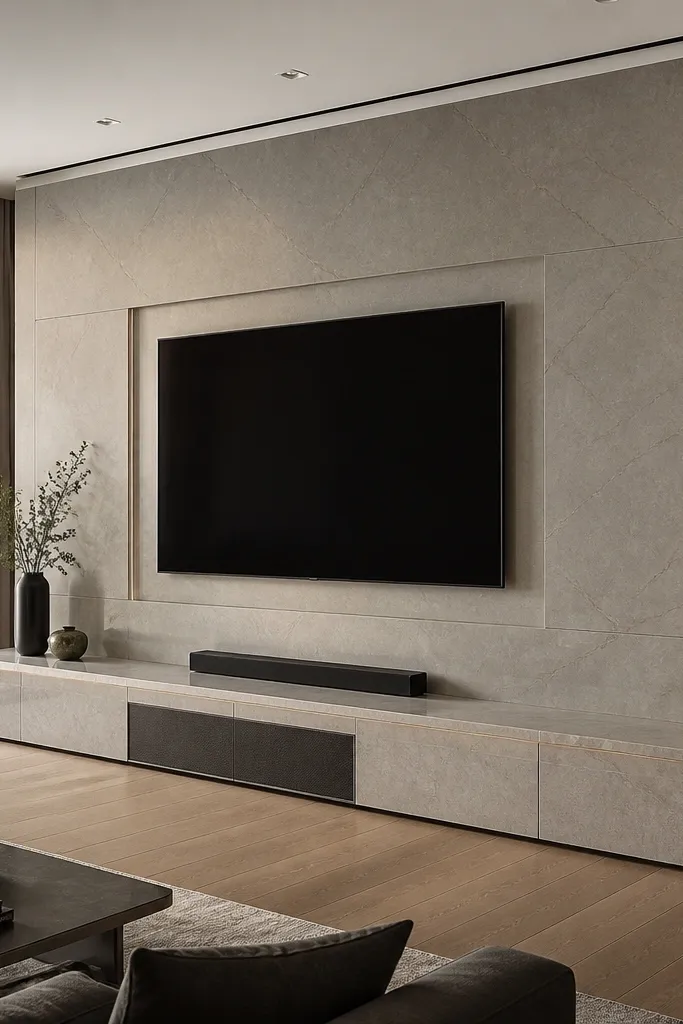 A marble-look media unit below the TV with a waterfall edge that drapes over the front. The TV sits centered in a marble wall section above the unit. The waterfall edge is glossy and the wall marble is matte, with warm LED spots above.