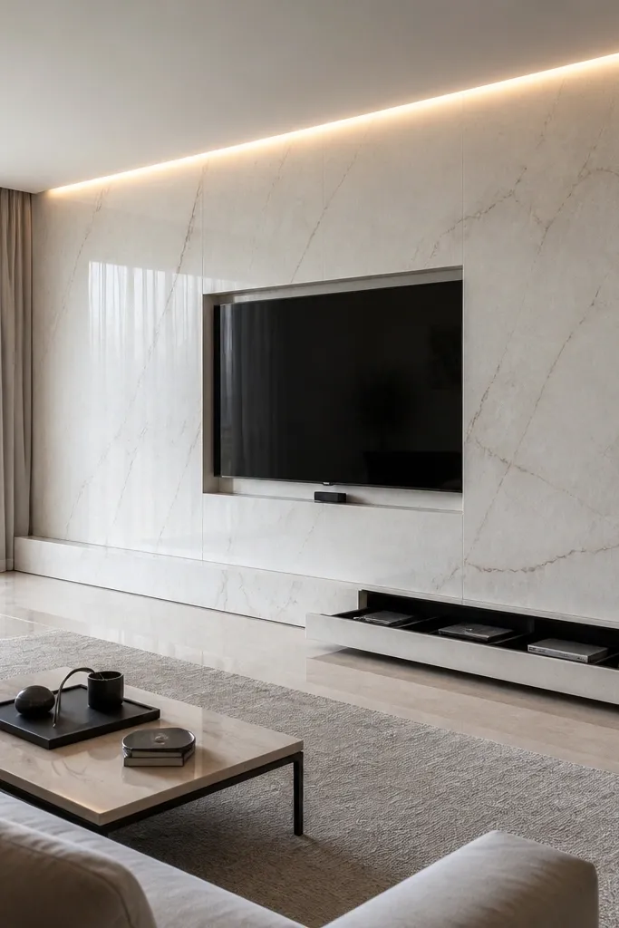A marble-look slab wall behind the TV with a recessed TV opening. Below, the console looks floating but has a concealed storage rail. There's a continuous thin LED line along the top border.