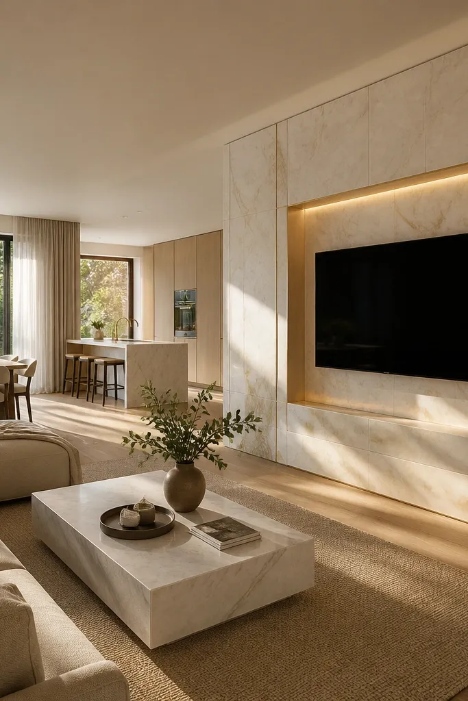 A marble-look TV wall that wraps around the corner, continuing onto the side wall. The TV is centered facing the main seating area. Warm LED strip lighting runs along the corner edge, and a low media console sits along the main wall.