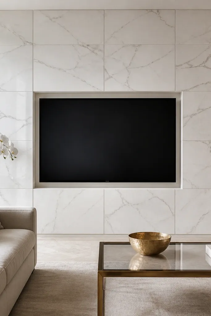 A TV wall made of marble-look tiles with tiny beveled edges. The TV sits in a recessed frame with a thin trim. Warm LED lighting is hidden above the frame, and the tile texture catches light.
