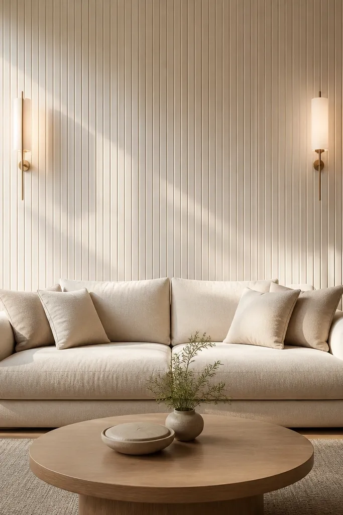 A warm white wall behind a modern sofa shows vertical fluted panels with narrow ridges. Two symmetrical brass wall sconces sit at eye level, each casting a soft glow. The sofa back is centered, and a pair of slim framed prints hangs low between the sconces.