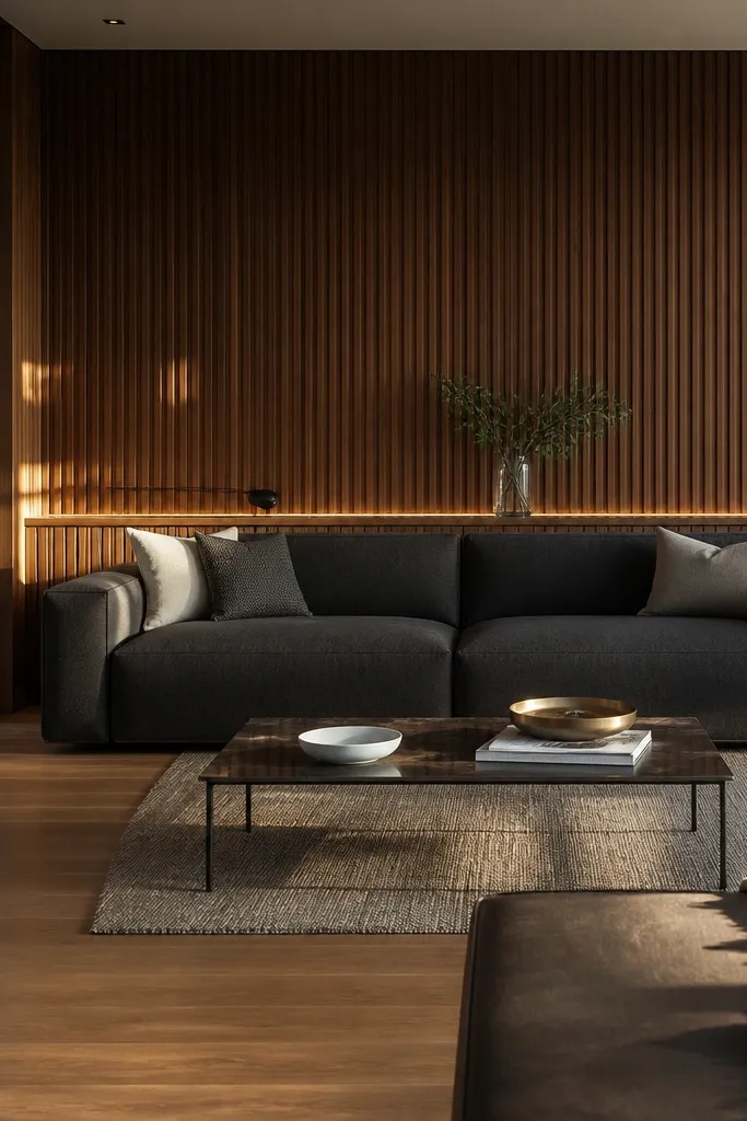 A walnut slat wall behind a sofa shows evenly spaced horizontal and vertical slats. A thin recessed channel runs near the bottom edge, disappearing behind the sofa line. A large rectangular black frame sits centered above the sofa.