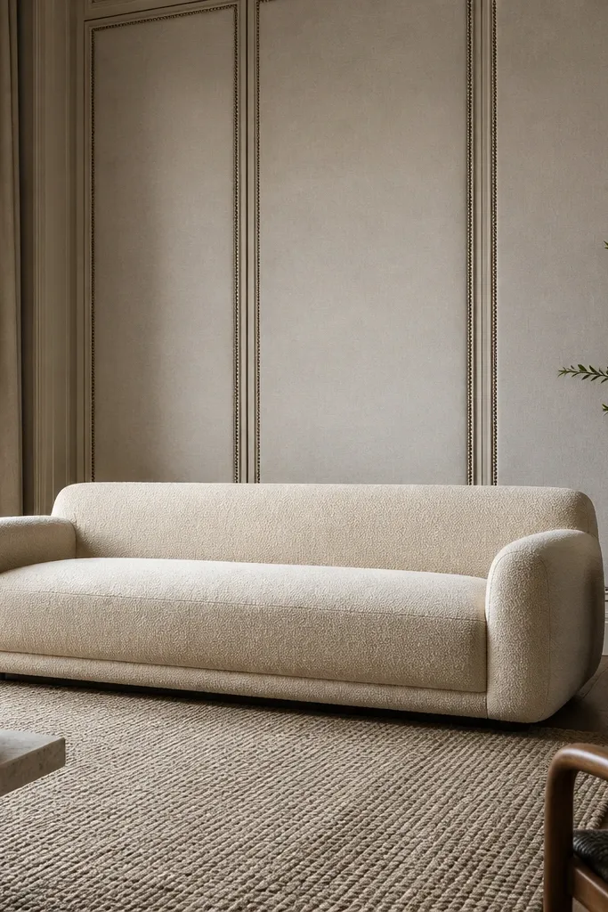 A sofa back wall is covered in large, upholstered linen panels. The edges have a subtle nailhead trim in a dark champagne tone. A single large mirror hangs centered above the sofa.