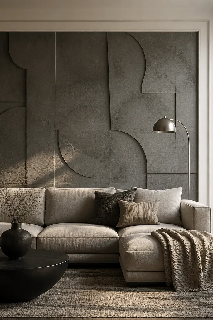 A cement gray wall behind the sofa shows subtle 3D plaster relief rectangles. The texture is soft and matte, with gentle height differences. A single tall vase on the console echoes the gray tones.