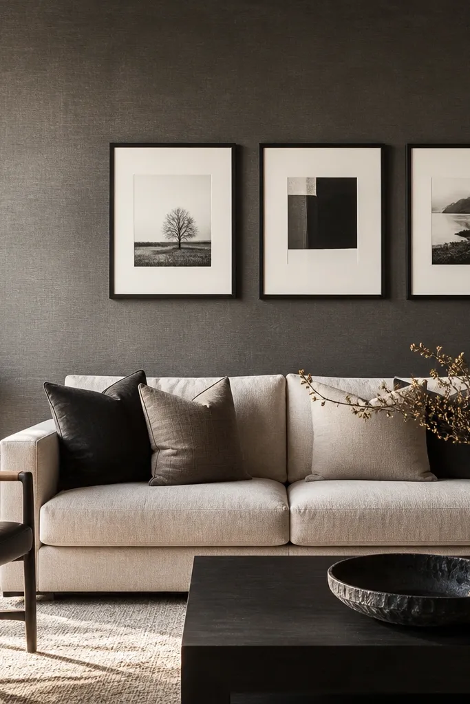 A deep charcoal silk-blend wallpaper backdrop sits behind a sofa. A tight gallery of black frames forms a centered rectangle above the sofa back. The frames vary slightly in size but align on a neat grid.