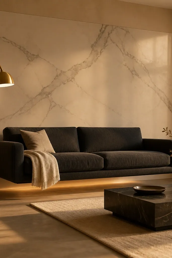 A large rectangular section of marble look tile sits behind the sofa, with soft white and gray veining. The tile has a subtle honed finish. The rest of the wall is warm white paint, and the rectangle is centered.