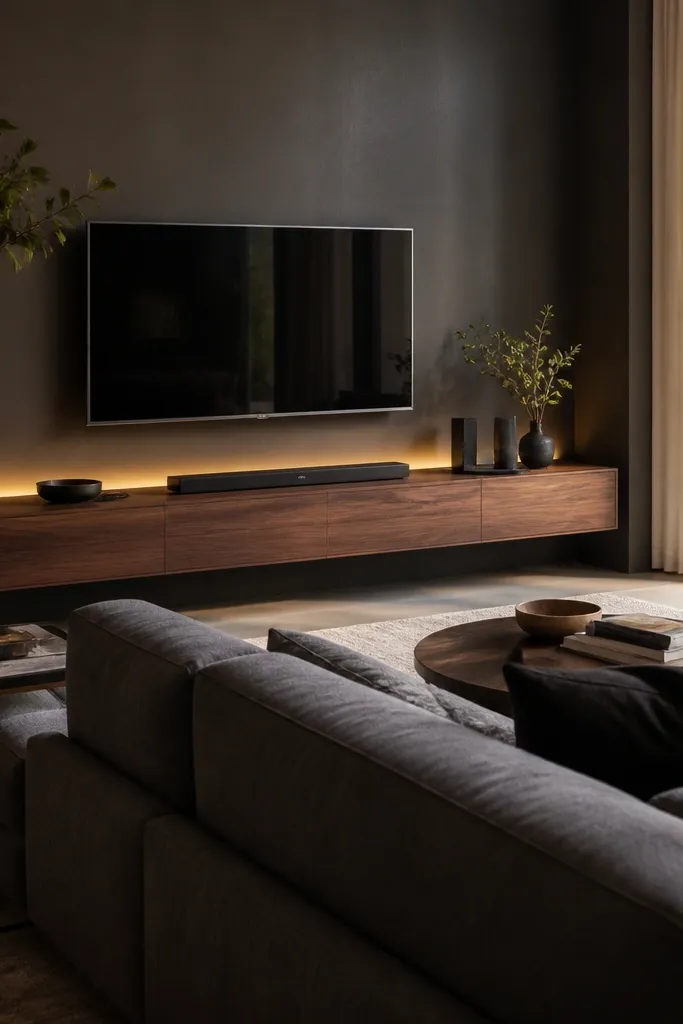A floating shelf spans the back wall behind the sofa, with warm LED strip lighting tucked underneath. The wall is painted warm white, and the shelf has a light oak finish. Small decor items sit spaced evenly on the shelf.