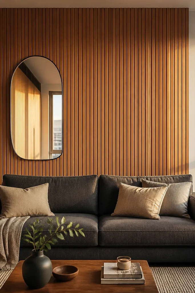 Vertical light oak slats run from near the floor to above the sofa back. A large oval mirror hangs slightly off-center over the sofa. The slats have even spacing and a matte clear finish.