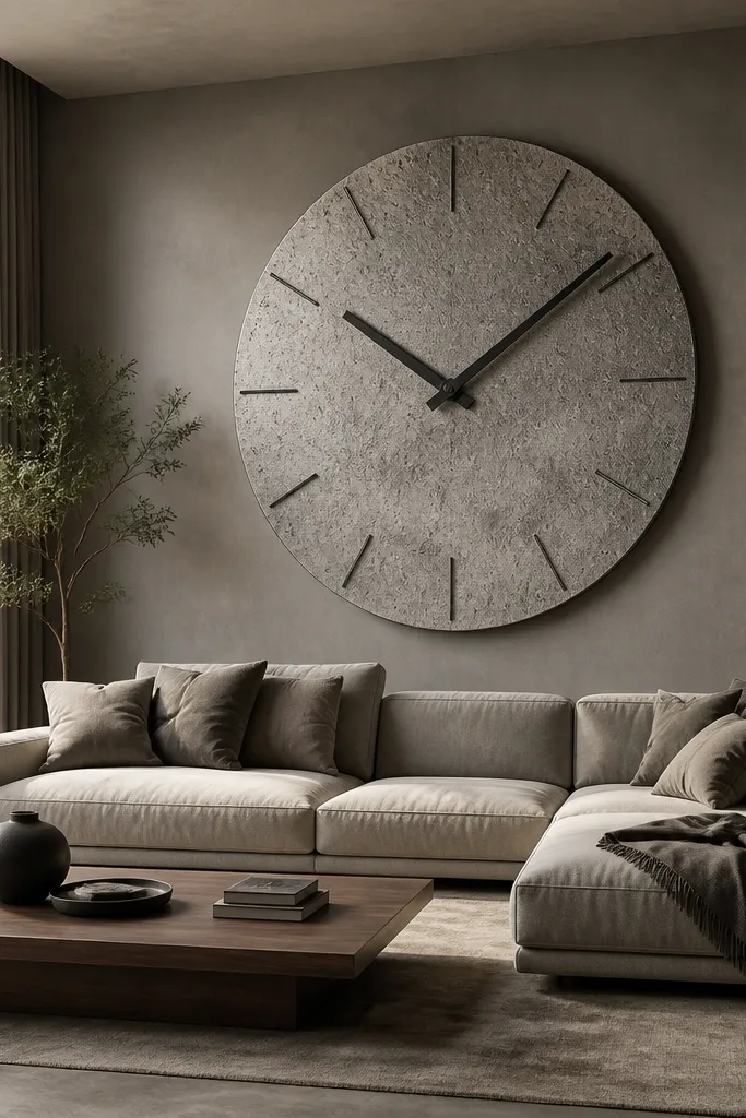 A textured stone gray clock face hangs centered behind a sofa. The wall around it is painted warm white. The clock has a matte finish and subtle raised markings, with a minimal frame.