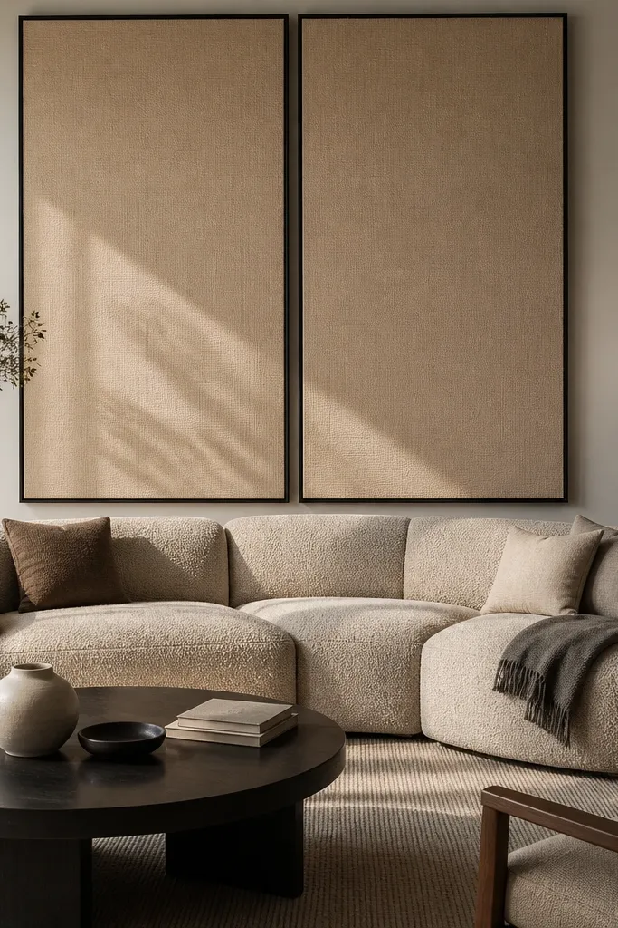 Behind a sofa, two large vertical panels form a diptych. The panels have linen texture and a soft sand and ivory gradient. A slim black console sits below, with a single tall ceramic vase.