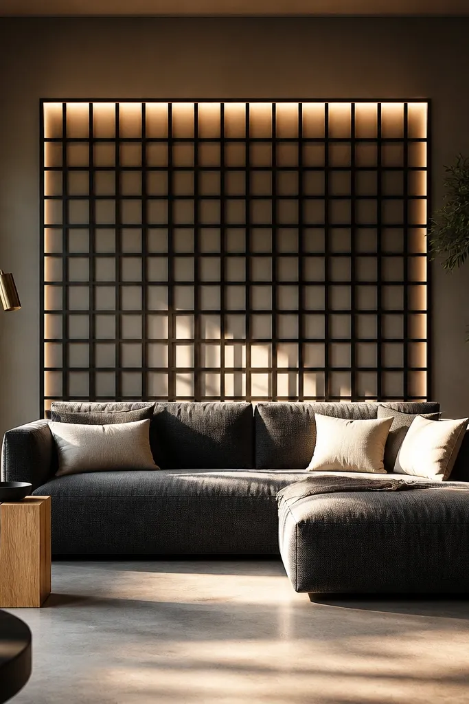A matte black metal grid panel hangs behind the sofa, centered and spanning a rectangle. The wall behind it is warm white paint. Minimal framed prints sit inside the grid openings, aligned neatly.