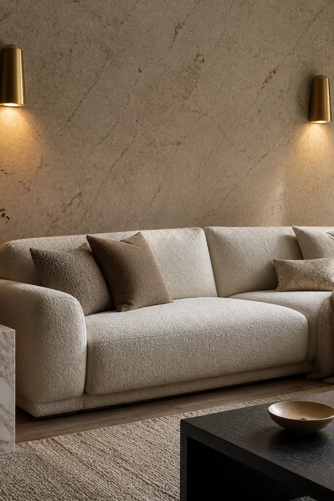 A stone-look wallpaper with beige and gray speckles covers the wall behind the sofa. Two curved wall sconces in brushed brass sit symmetrically, with soft light. A large round mirror hangs centered above the sofa back.