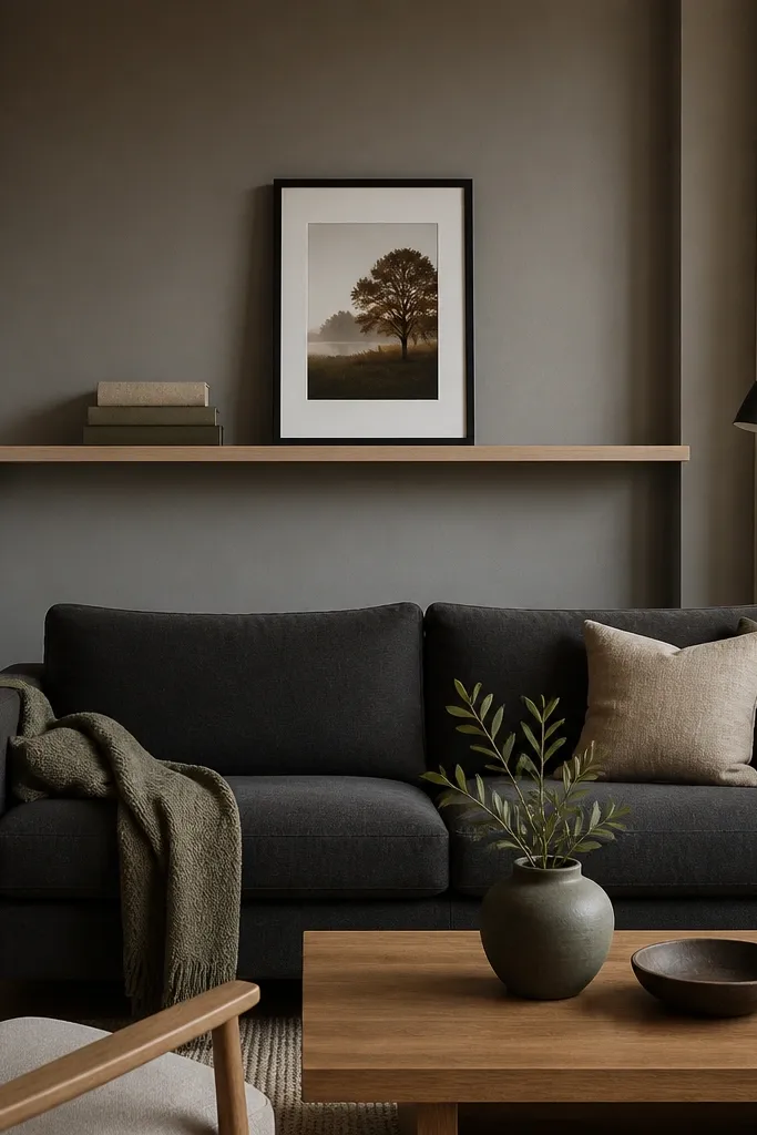 A picture ledge shelf spans part of the wall behind the sofa, offset slightly higher on one side. Several books stand upright with neutral covers. A small framed art piece sits centered above the books.