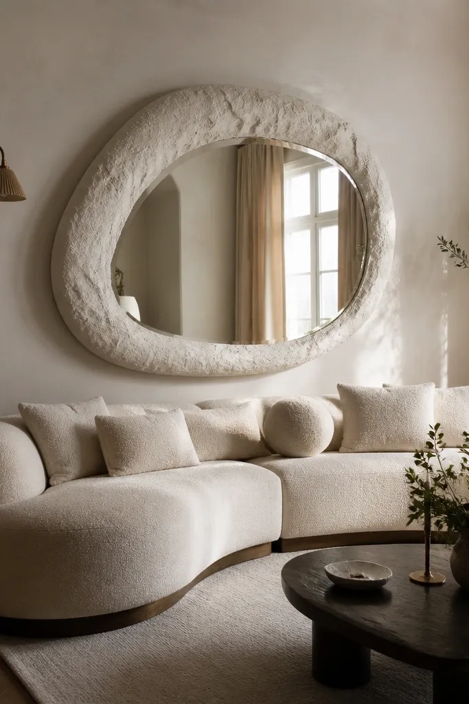 A plaster wall in warm off-white sits behind a sofa. A large mirror with a textured frame hangs centered, reflecting the sofa and room light. The mirror has a subtle organic pattern on the frame edge.